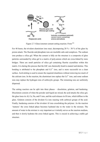 12 | P a g e
Figure 2.7: Glass-ionomer cement setting reaction. From [6]
For 48 hours, the trivalent aluminium ions react, decomposing 20 % - 30 % of the glass by
proton attack. The fluoride and phosphate ions are insoluble salts and complexes. The sodium
ions produce a silica gel. When the cement is fully set the structure is a composite of glass
particles surrounded by silica gel in a matrix of poly-anions which are cross-linked by ionic
bridges. There are small particles of silica gel containing fluorite crystallites within this
matrix. It is during this process that the GIC can chemically bond to enamel and dentine. This
bonding is attributed to the phosphate and Ca2+
ions, and is more successful on a clean
surface. Acid etching is used to ensure the required cleanliness without removing too much of
the calcium ions. In the reaction, the aluminium ions replace the Ca2+
ions, and some sodium
ions may replace the hydrogen ions of carboxylic groups. The remaining ions are uniformly
dispersed.
The setting reaction can be split into three phases – dissolution, gelation, and hardening.
Dissolution consists of when the powder and liquid are mixed, the acid attacks the silica gel,
the glass loses its Al, Ca, Na, and F ions, and the acid releases its H ions, which diffuse to the
glass. Gelation consists of the divalent Ca ions reacting with carboxyl groups of the acid.
Finally, hardening consists of the trivalent Al ions crosslinking the polymer. As the reaction
‘matures’ the cross linked phase becomes hydrated due to the water in the mixture. The
amount of water in the mixture is very important as it initially serves as the reaction medium,
and then it slowly hydrates the cross linked agents. This is crucial in achieving a stable gel
structure.
 