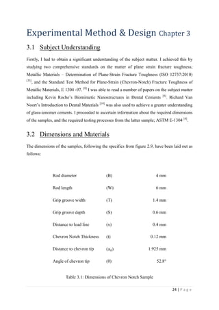 24 | P a g e
Experimental Method & Design Chapter 3
3.1 Subject Understanding
Firstly, I had to obtain a significant understanding of the subject matter. I achieved this by
studying two comprehensive standards on the matter of plane strain fracture toughness;
Metallic Materials – Determination of Plane-Strain Fracture Toughness (ISO 12737:2010)
[33]
, and the Standard Test Method for Plane-Strain (Chevron-Notch) Fracture Toughness of
Metallic Materials, E 1304 -97. [8]
I was able to read a number of papers on the subject matter
including Kevin Roche’s Biomimetic Nanostructures in Dental Cements [6]
. Richard Van
Noort’s Introduction to Dental Materials [10]
was also used to achieve a greater understanding
of glass-ionomer cements. I proceeded to ascertain information about the required dimensions
of the samples, and the required testing processes from the latter sample; ASTM E-1304 [8]
.
3.2 Dimensions and Materials
The dimensions of the samples, following the specifics from figure 2.9, have been laid out as
follows:
Rod diameter (B) 4 mm
Rod length (W) 6 mm
Grip groove width (T) 1.4 mm
Grip groove depth (S) 0.6 mm
Distance to load line (x) 0.4 mm
Chevron Notch Thickness (t) 0.12 mm
Distance to chevron tip (a0) 1.925 mm
Angle of chevron tip (θ) 52.8°
Table 3.1: Dimensions of Chevron Notch Sample
 