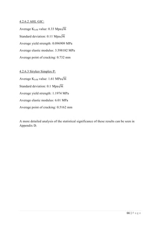 66 | P a g e
4.2.6.2 AHL GIC:
Average KIvM value: 0.33 Mpa√ 𝑚
Standard deviation: 0.11 Mpa√ 𝑚
Average yield strength: 0.096909 MPa
Average elastic modulus: 3.598182 MPa
Average point of cracking: 0.732 mm
4.2.6.3 Stryker Simplex P:
Average KIvM value: 1.61 MPa√ 𝑚
Standard deviation: 0.1 Mpa√ 𝑚
Average yield strength: 1.1974 MPa
Average elastic modulus: 6.01 MPa
Average point of cracking: 0.5162 mm
A more detailed analysis of the statistical significance of these results can be seen in
Appendix D.
 