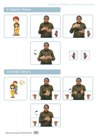 Adverbios y Preposiciones / Adverbs and Prepositions

 8- Delante / Before




 9- Detrás / Behind




Manual de Lengua de Señas Peruanas   253
 