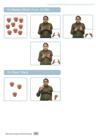 Adverbios y Preposiciones / Adverbs and Prepositions

 12- Mucho / Much, A Lot , A Little




 13- Poco / Many




Manual de Lengua de Señas Peruanas   255
 