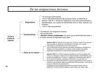 46
(3) De la
cuarta de
mejoras
De las asignaciones forzosas
Asignatarios
Pacto de no mejorar
Características
• El cónyuge sobreviviente
• Uno o más descendientes del causante (OJO, es diferente al
artículo 1182 Nº 1, donde son legitimario s los hijos personalmente o
representados. Así, puede ser beneficiado acá un nieto, estando vivo
el padre)
• Uno o más ascendientes
• Constituyen una asignación forzosa
• No se presumen
• Admiten ciertas modalidades, tal como que la administración pase a
un banco aunque el asignatario sea capaz
Artículo 1463. El derecho de suceder por causa de muerte a una persona
viva no puede ser objeto de una donación o contrato, aun cuando
intervenga el consentimiento de la misma persona.
Las convenciones entre la persona que debe una legítima y el legitimario,
relativas a la misma legítima o a mejoras, están sujetas a las reglas
especiales contenidas en el título De las asignaciones forzosas.
Artículo 1204. Si el difunto hubiere prometido por escritura pública entre
vivos a su cónyuge o a alguno de sus descendientes o ascendientes, que a
la sazón era legitimario, no donar, ni asignar por testamento parte alguna
de la cuarta de mejoras, y después contraviniere a su promesa, el
favorecido con ésta tendrá derecho a que los asignatarios de esa cuarta le
enteren lo que le habría valido el cumplimiento de la promesa, a prorrata de
lo que su infracción les aprovechare.
Cualesquiera otras estipulaciones sobre la sucesión futura, entre un
legitimario y el que le debe la legítima, serán nulas y de ningún valor.
 
