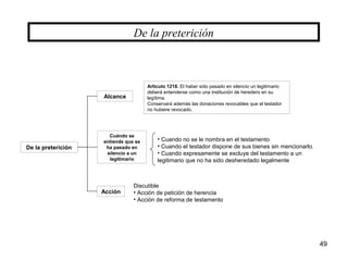 49
De la preterición
De la preterición
Alcance
Acción
Cuándo se
entiende que se
ha pasado en
silencio a un
legitimario
Artículo 1218. El haber sido pasado en silencio un legitimario
deberá entenderse como una institución de heredero en su
legítima.
Conservará además las donaciones revocables que el testador
no hubiere revocado.
• Cuando no se le nombra en el testamento
• Cuando el testador dispone de sus bienes sin mencionarlo.
• Cuando expresamente se excluye del testamento a un
legitimario que no ha sido desheredado legalmente
Discutible
• Acción de petición de herencia
• Acción de reforma de testamento
 