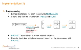 1. Preprocessing
• Extract the tokens for each record with NORMALIZE
• Count and sort the tokens with TABLE and SORT
• PROJECT each token to a new internal token id
• Reorder the token set of each record based on the token order with
PROJECT
Implementation (1)
1 | 2 | 3. Parallel SSJ Algorithm – Implementation | 4 | 5 13
r1 b k c d e f i g h j
NORMALIZE(inputDS,
LEFT.tokenCnt,
extractToken(LEFT,
COUNTER))
b
k
… TABLE
b 1
k 4
… SORT
a 1
…
k 4
 