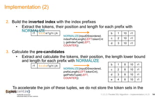 2. Build the inverted index with the index prefixes
• Extract the tokens, their position and length for each prefix with
NORMALIZE
3. Calculate the pre-candidates
• Extract and calculate the tokens, their position, the length lower bound
and length for each prefix with NORMALIZE
To accelerate the join of these tuples, we do not store the token sets in the
tuples
Implementation (2)
1 | 2 | 3. Parallel SSJ Algorithm – Implementation | 4 | 5 14
r1 b c d e f g h i j k b 1 10 r1
c 2 10 r1
d 3 10 r1
NORMALIZE(inputDSreordered,
indexPrefixLength(LEFT.tokenCnt
), getIndexTupel(LEFT,
COUNTER))
r1 b c d e f g h i j k b 1 8 10 r1
c 2 8 10 r1
d 3 8 10 r1
e 4 8 10 r1
NORMALIZE(inputDSreordered,
prefixLength(LEFT.tokenCnt),
getPrefixTupel(LEFT,
COUNTER))
 