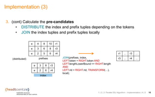 3. (cont) Calculate the pre-candidates
• DISTRIBUTE the index and prefix tuples depending on the tokens
• JOIN the index tuples and prefix tuples locally
Implementation (3)
1 | 2 | 3. Parallel SSJ Algorithm – Implementation | 4 | 5 15
e 3 8 r3
e 2 6 r4
e 4 8 10 r1
e 3 6 8 r3
e 2 5 6 r4
(distributed) prefixes
index
r1 … r3 …
r3 … r4 …JOIN(prefixes, index,
LEFT.token = RIGHT.token AND
LEFT.lengthLowerBound <= RIGHT.length
AND
LEFT.rid < RIGHT.rid, TRANSFORM(…),
local);
 