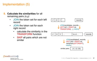 Implementation (5)
5. Calculate the similarities for all
remaining pairs (x,y)
• JOIN the token set for each left
record
• JOIN the token set for each
right record
• calculate the similarity in the
TRANSFORM function
• SKIP all pairs which are not
similar
1 | 2 | 3. Parallel SSJ Algorithm – Implementation | 4 | 5 17
(r1, r3, 0.8)
JOIN(candidates, records,
LEFT.rid1 = RIGHT.rid,
TRANSFORM(…), HASH)
similar pairs
r1 r3 3 … b c d …
recordsr1 r3 3 …
JOIN(candidates2, records,
LEFT.rid2 = RIGHT.rid,
verifyPair(LEFT,RIGHT),
HASH)
records
 