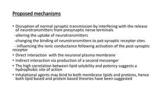 Proposed mechanisms
• Disruption of normal synaptic transmission by interfering with the release
of neurotransmitters from presynaptic nerve terminals
-altering the uptake of neurotransmitters
-changing the binding of neurotransmitters to pot-synaptic receptor sites
- influencing the ionic conductance following activation of the post-synaptic
receptor
• Direct interaction with the neuronal plasma membrane
• Indirect interaction via production of a second messenger
• The high correlation between lipid solubility and potency suggests a
hydrophobic site of action
• Inhalational agents may bind to both membrane lipids and proteins, hence
both lipid based and protein based theories have been suggested
 