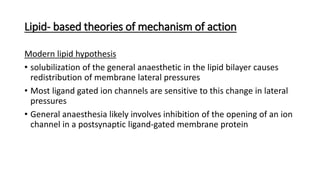 Lipid- based theories of mechanism of action
Modern lipid hypothesis
• solubilization of the general anaesthetic in the lipid bilayer causes
redistribution of membrane lateral pressures
• Most ligand gated ion channels are sensitive to this change in lateral
pressures
• General anaesthesia likely involves inhibition of the opening of an ion
channel in a postsynaptic ligand-gated membrane protein
 