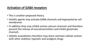 Activation of GABA receptors
• This is another proposed theory
• Volatile agents may activate GABA channels and hyperpolarize cell
membranes
• In addition they may inhibit certain calcium channels and therefore
prevent the release of neurotransmitters and inhibit glutamate
channels
• Volatile anaesthetics therefore may share common cellular actions
with other sedative, hypnotic and analgesic drugs
 