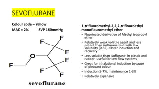 SEVOFLURANE
Colour code – Yellow
MAC = 2% SVP 160mmHg
1-trifluoromethyl-2,2,2-triflouroethyl
monoflouromethyl ether
• Fluorinated derivative of Methyl isopropyl
ether
• Relatively weak volatile agent and less
potent than isoflurane, but with low
solubility (0.65)- faster induction and
recovery
• Less soluble than isoflurane in plastic and
rubber- useful for low flow systems
• Great for inhalational induction because
of pleasant odour
• Induction 5-7%, maintenance 1-3%
• Relatively expensive
 