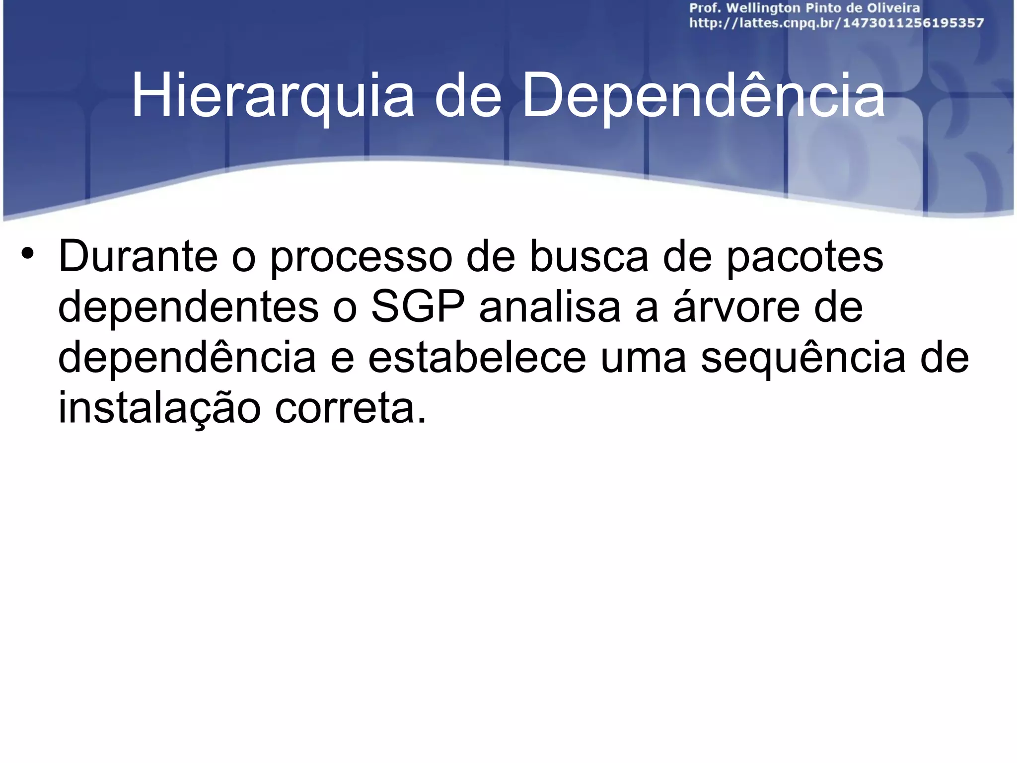 Hierarquia de Dependência


    Durante o processo de busca de pacotes
    dependentes o SGP analisa a árvore de
    dependência e estabelece uma sequência de
    instalação correta.
 