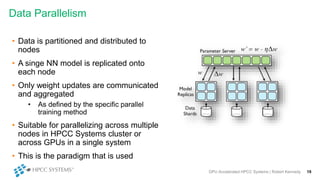 Data Parallelism
• Data is partitioned and distributed to
nodes
• A singe NN model is replicated onto
each node
• Only wei...