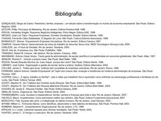 Bibliografia
GONÇALVES, Sérgio de Castro. Patrimônio, família, empresa – um estudo sobre a transformação no mundo da economia empresarial. São Paulo: Editora
Negócio, 2000.
KOTLER, Philip. Princípios de Marketing. Rio de Janeiro: Editora Prentice-Hall, 1998.
ROCHA, Vanderley Aragão. Pequenos Negócios Inteligentes. Porto Alegre: Editora AGE, 1996.
MEGIDO, José Luiz Tejon. Pequenas Empresas, Grandes Vendedores. Brasília: Editora Sebrae, 1995.
CHAGAS, Fernando Celso Dolabebela. O Segredo de Luísa. São Paulo: Cultura Editores Associados, 1999.
BORNHOLDT, Werner. Orquestrando Empresas Vencedoras. Rio de Janeiro: Editora Campus 1997.
CAMPOS, Vicente Falconi. Gerenciamento da rotina do trabalho do dia-a-dia. Nova Lima: INDG Tecnologia e Serviços Ltda, 2004.
CARLZON, Jan. A Hora da Verdade. Rio de Janeiro: Sextante, 2005.
GEUS, Arie de. A empresa viva. São Paulo: Publifolha, 1999.
TOMASKO, Robert M. Crescer, não destruir. Rio de Janeiro: Campus, 1999.
MAXIMIANO, Antonio César Amaru. Teoria geral da administração: da escola científica à competitividade em economia globalizada. São Paulo: Atlas, 1997.
SEMLER, Ricardo F.. Virando a própria mesa. São Paulo: Best Seller, 1988.
ROCHA, Renato Requião Munhoz da. Caso Inepar: porque deu certo? São Paulo: Editora Gente, 1998.
LIBÂNEO, José Carlos. Organização e gestão da escola: teoria e prática. Goiânia; Editora Alternativa, 2004.
COLLINS, James C.. Feitas para durar: práticas bem sucedidas de empresas visionárias. Rio de Janeiro: Rocco, 1995.
FERREIRA, Ademir Antonio. Gestão Empresarial: de Taylor aos nossos dias: evolução e tendências da moderna administração de empresas. São Paulo:
Pioneira, 1997.
COOPER, Cary L.. E agora, trabalho ou família? : pais e mães que trabalham fora e aprendem como enfrentar as sobrecargas profissionais e familiares do dia
-a-dia. São Paulo: Editora Tamisa, 2000.
COVEY, Stephen R.. Os 7 Hábitos das Famílias muito Eficazes. São Paulo: Editora Best Seller, 1998.
COVEY, Stephen R.. Os 7 Hábitos das Pessoas altamente Eficazes. Rio de Janeiro: Editora Best Seller, 2005.
HUGHES JR, James E.. Riqueza Familiar. São Paulo: Editora Saraiva, 2006.
SMALLIN, Donna. Organize-se. São Paulo: Editora Gente, 2004.
FRANKENBERG, Louis. Sucesso e independência: família, carreira e finanças para toda a vida. Rio de Janeiro, Elsevier, 2007.
HALFELD, Mauro. Investimentos: Como administrar melhor seu dinheiro. São Paulo: Editora Fundamento Educacional, 2007.
MOSCOVICI, Fela. Equipes dão certo: a multiplicação do talento humano. Rio de Janeiro: José Olympio, 2003.
BYHAM, William C.. Formando líderes: como identificar, desenvolver e reter talentos de liderança. São Paulo: Prentice Hall, 2003.
ROBBINS, Stephen P.. Comportamento Organizacional. Rio de Janeiro: LTC, 1999.
ERVILHA, A J. Limão. Liderando equipes para otimizar resultados. São Paulo: Nobel, 2003.
HUNTER, James C.. O monge e o executivo. Rio de Janeiro: Sextante, 2004.
 