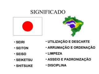 SIGNIFICADO




• SEIRI        • UTILIZAÇÃO E DESCARTE
• SEITON       • ARRUMAÇÃO E ORDENAÇÃO
• SEISO        • LIMPEZA
• SEIKETSU     • ASSEIO E PADRONIZAÇÃO
• SHITSUKE     • DISCIPLINA
 