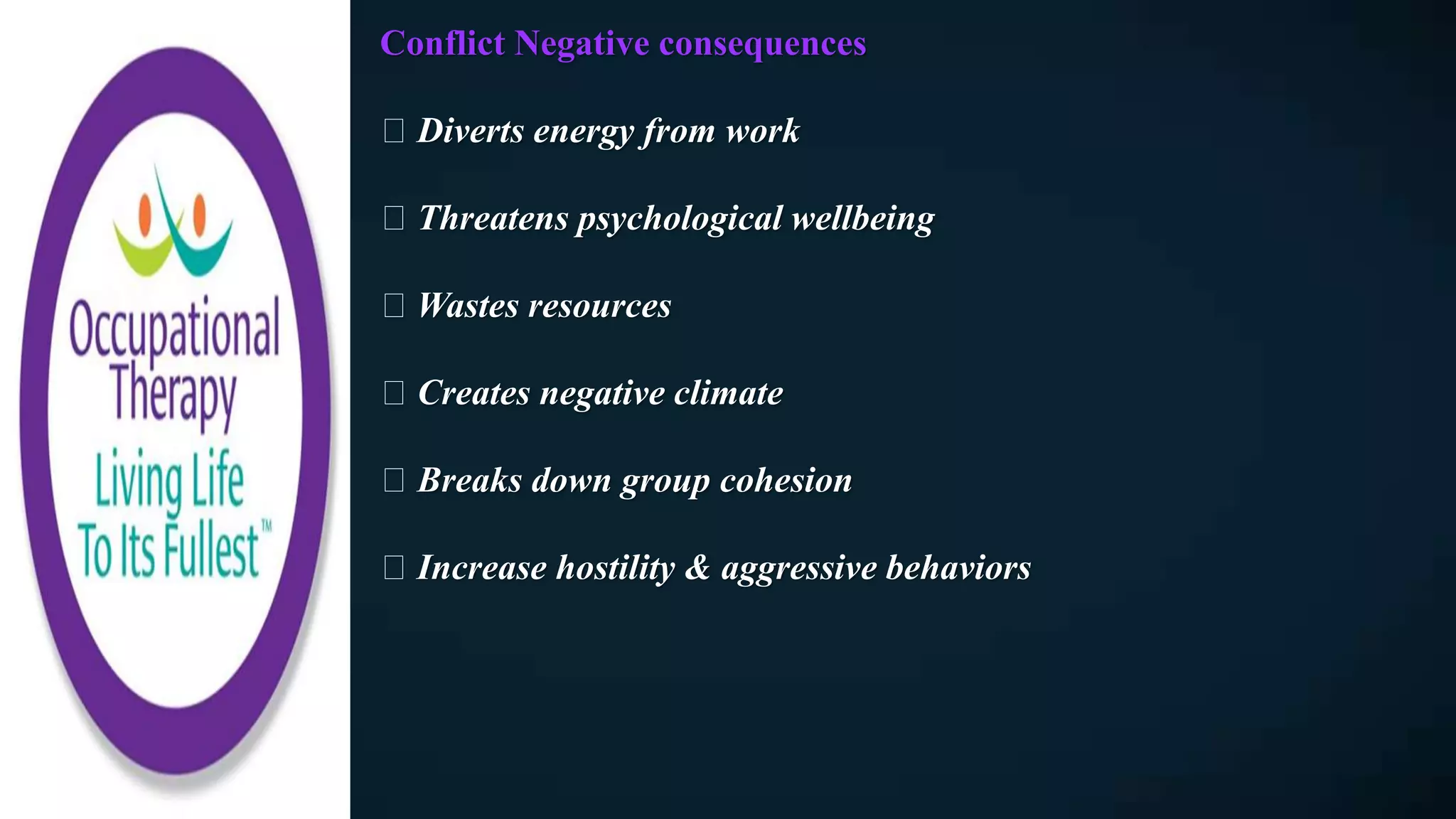 Conflict Negative consequences
Diverts energy from work
Threatens psychological wellbeing
Wastes resources
Creates negative climate
Breaks down group cohesion
Increase hostility & aggressive behaviors
 