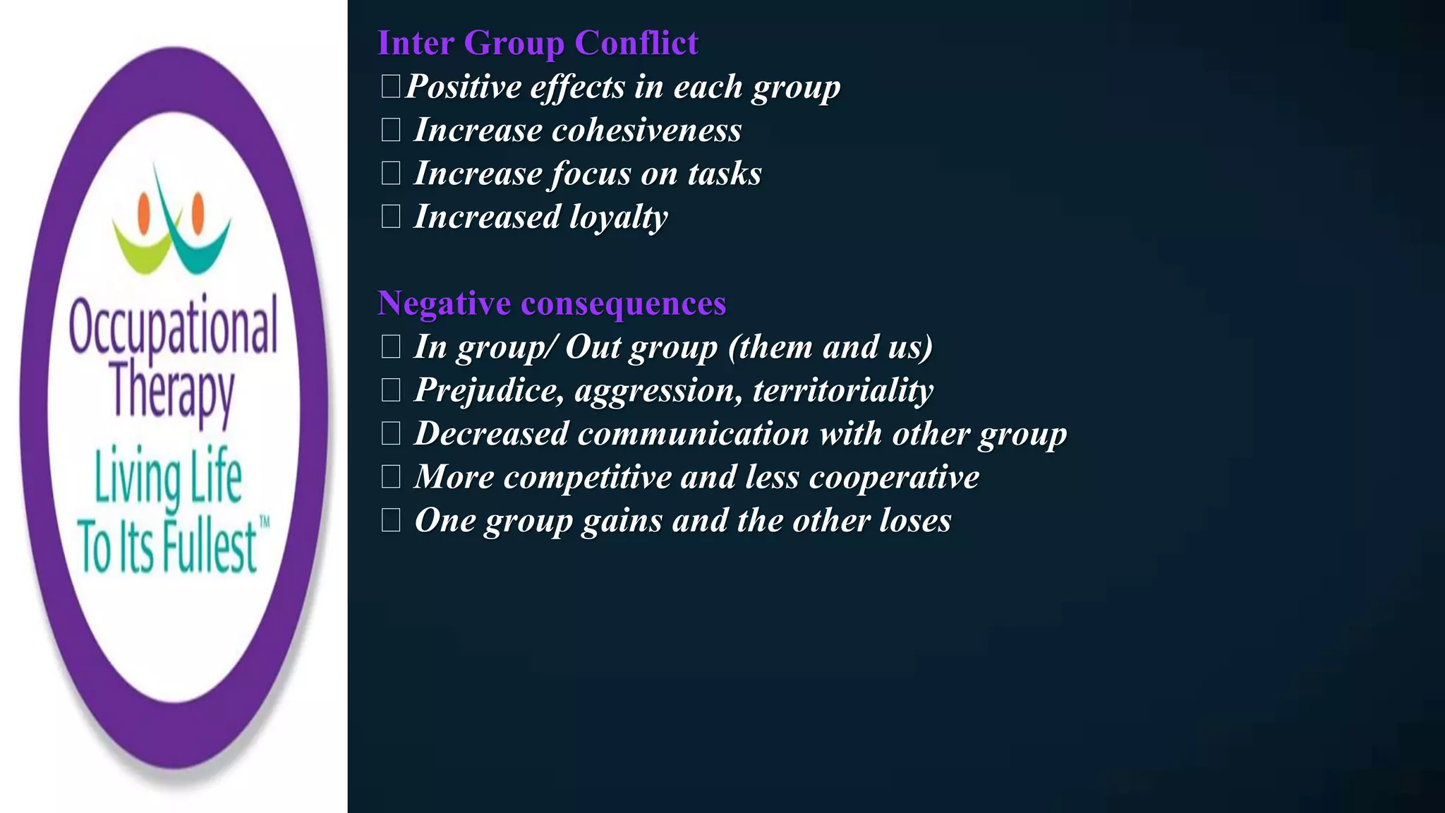 Inter Group Conflict
Positive effects in each group
Increase cohesiveness
Increase focus on tasks
Increased loyalty
Negative consequences
In group/ Out group (them and us)
Prejudice, aggression, territoriality
Decreased communication with other group
More competitive and less cooperative
One group gains and the other loses
 