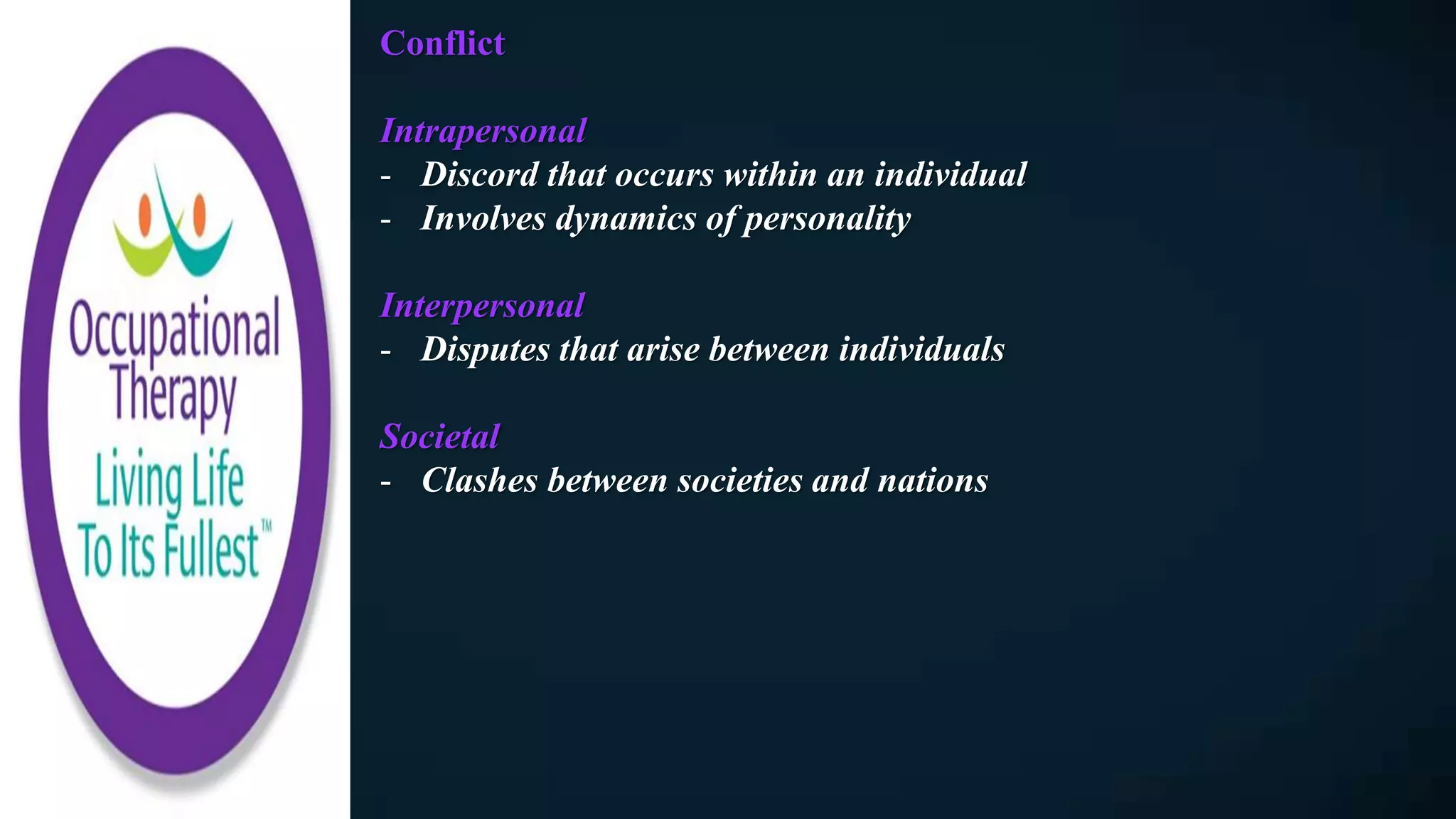Conflict
Intrapersonal
- Discord that occurs within an individual
- Involves dynamics of personality
Interpersonal
- Disputes that arise between individuals
Societal
- Clashes between societies and nations
 
