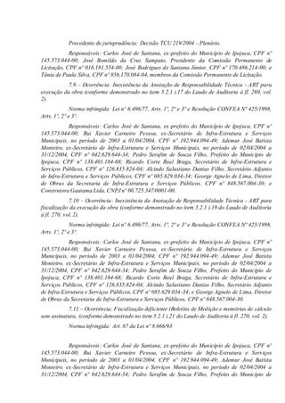 Precedente de jurisprudência: Decisão TCU 219/2004 - Plenário.
Responsáveis: Carlos José de Santana, ex-prefeito do Município de Ipojuca, CPF nº
145.573.044-00; José Romildo da Cruz Sampaio, Presidente da Comissão Permanente de
Licitação, CPF nº 018.181.554-00; José Rodrigues de Santana Júnior, CPF nº 170.486.214-00; e
Tânia de Paula Silva, CPF nº 856.170.084-04, membros da Comissão Permanente de Licitação.
7.9 – Ocorrência: Inexistência da Anotação de Responsabilidade Técnica - ART para
execução da obra (conforme demonstrado no item 5.2.1 i.17 do Laudo de Auditoria à fl. 269, vol.
2).
Norma infringida: Lei nº 6.496/77, Arts. 1º, 2º e 3º e Resolução CONFEA Nº 425/1998,
Arts. 1º, 2º e 3º.
Responsáveis: Carlos José de Santana, ex-prefeito do Município de Ipojuca, CPF nº
145.573.044-00; Rui Xavier Carneiro Pessoa, ex-Secretário de Infra-Estrutura e Serviços
Municipais, no período de 2003 a 01/04/2004, CPF nº 192.944.094-49; Ademur José Batista
Monteiro, ex-Secretário de Infra-Estrutura e Serviços Municipais, no período de 02/04/2004 a
31/12/2004, CPF nº 042.629.644-34; Pedro Serafim de Souza Filho, Prefeito do Município de
Ipojuca, CPF nº 138.401.184-68; Ricardo Corte Real Braga, Secretário de Infra-Estrutura e
Serviços Públicos, CPF nº 126.835.824-04; Alcindo Salustiano Dantas Filho, Secretário Adjunto
de Infra-Estrutura e Serviços Públicos, CPF nº 085.629.034-34; George Agnelo de Lima, Diretor
de Obras da Secretaria de Infra-Estrutura e Serviços Públicos, CPF nº 848.567.004-30; e
Construtora Gautama Ltda, CNPJ nº 00.725.347/0001-00.
7.10 – Ocorrência: Inexistência da Anotação de Responsabilidade Técnica - ART para
fiscalização da execução da obra (conforme demonstrado no item 5.2.1 i.19 do Laudo de Auditoria
à fl. 270, vol. 2).
Norma infringida: Lei nº 6.496/77, Arts. 1º, 2º e 3º e Resolução CONFEA Nº 425/1998,
Arts. 1º, 2º e 3º.
Responsáveis: Carlos José de Santana, ex-prefeito do Município de Ipojuca, CPF nº
145.573.044-00; Rui Xavier Carneiro Pessoa, ex-Secretário de Infra-Estrutura e Serviços
Municipais, no período de 2003 a 01/04/2004, CPF nº 192.944.094-49; Ademur José Batista
Monteiro, ex-Secretário de Infra-Estrutura e Serviços Municipais, no período de 02/04/2004 a
31/12/2004, CPF nº 042.629.644-34; Pedro Serafim de Souza Filho, Prefeito do Município de
Ipojuca, CPF nº 138.401.184-68; Ricardo Corte Real Braga, Secretário de Infra-Estrutura e
Serviços Públicos, CPF nº 126.835.824-04; Alcindo Salustiano Dantas Filho, Secretário Adjunto
de Infra-Estrutura e Serviços Públicos, CPF nº 085.629.034-34; e George Agnelo de Lima, Diretor
de Obras da Secretaria de Infra-Estrutura e Serviços Públicos, CPF nº 848.567.004-30.
7.11 – Ocorrência: Fiscalização deficiente (Boletins de Medição e memórias de cálculo
sem assinatura, (conforme demonstrado no item 5.2.1 i.21 do Laudo de Auditoria à fl. 270, vol. 2).
Norma infringida: Art. 67 da Lei nº 8.666/93
Responsáveis: Carlos José de Santana, ex-prefeito do Município de Ipojuca, CPF nº
145.573.044-00; Rui Xavier Carneiro Pessoa, ex-Secretário de Infra-Estrutura e Serviços
Municipais, no período de 2003 a 01/04/2004, CPF nº 192.944.094-49; Ademur José Batista
Monteiro, ex-Secretário de Infra-Estrutura e Serviços Municipais, no período de 02/04/2004 a
31/12/2004, CPF nº 042.629.644-34; Pedro Serafim de Souza Filho, Prefeito do Município de
 