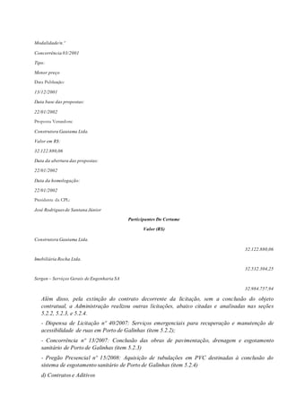 Modalidade/n.º
Concorrência 03/2001
Tipo:
Menor preço
Data Publicação:
13/12/2001
Data base das propostas:
22/01/2002
Proposta Vencedora:
Construtora Gautama Ltda.
Valor em R$:
32.122.880,06
Data da abertura das propostas:
22/01/2002
Data da homologação:
22/01/2002
Presidente da CPL:
José Rodriguesde Santana Júnior
Participantes Do Certame
Valor (R$)
Construtora Gautama Ltda.
32.122.880,06
Imobiliária Rocha Ltda.
32.532.304,25
Sergen – Serviços Gerais de Engenharia SA
32.984.757,94
Além disso, pela extinção do contrato decorrente da licitação, sem a conclusão do objeto
contratual, a Administração realizou outras licitações, abaixo citadas e analisadas nas seções
5.2.2, 5.2.3, e 5.2.4.
- Dispensa de Licitação nº 40/2007: Serviços emergenciais para recuperação e manutenção de
acessibilidade de ruas em Porto de Galinhas (item 5.2.2);
- Concorrência nº 13/2007: Conclusão das obras de pavimentação, drenagem e esgotamento
sanitário de Porto de Galinhas (item 5.2.3)
- Pregão Presencial nº 15/2008: Aquisição de tubulações em PVC destinadas à conclusão do
sistema de esgotamento sanitário de Porto de Galinhas (item 5.2.4)
d) Contratos e Aditivos
 