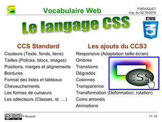 P.BOUQUET
maj. du 02/10/2016Vocabulaire Web
P.Bouquet
Les ajouts du CCS3
Responsive (Adaptation taille écran)
Ombres
Transitions
Dégradés
Colonnes
Transparence
Transformation (Déformation, rotation)
Coins arrondis
Animations
CCS Standard
Couleurs (Texte, fonds, liens)
Tailles (Polices, blocs, images)
Positions, marges et alignements
Bordures
Format des listes et tableaux
Chevauchements
Les formes de curseurs
Les sélecteurs (Classes, id, …)
13 / 24
 