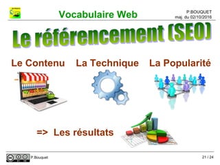 P.BOUQUET
maj. du 02/10/2016Vocabulaire Web
P.Bouquet
Le Contenu La Technique La Popularité
=> Les résultats
21 / 24
 