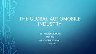 THE GLOBAL AUTOMOBILE
INDUSTRY
BY : KRISTEN ZIGMONT
MBA 592
DR. JENNIFER EDMONDS
12/3/2016
 