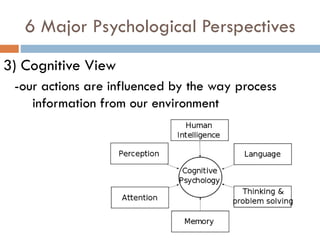 6 Major Psychological Perspectives
3) Cognitive View
-our actions are influenced by the way process
information from our environment
 