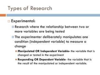Types of Research
 Experimental:
 Research where the relationship between two or
more variables are being tested
 The experimenter deliberately manipulates one
condition (independent variable) to measure a
change
 Manipulated OR Independent Variable- the variable that is
changed or tested in the experiment
 Responding OR Dependent Variable- the variable that is
the result of the manipulated or independent variable.
 