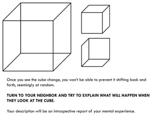 Once you see the cube change, you won’t be able to prevent it shifting back and
forth, seemingly at random.
TURN TO YOUR NEIGHBOR AND TRY TO EXPLAIN WHAT WILL HAPPEN WHEN
THEY LOOK AT THE CUBE.
Your description will be an introspective report of your mental experience.
 