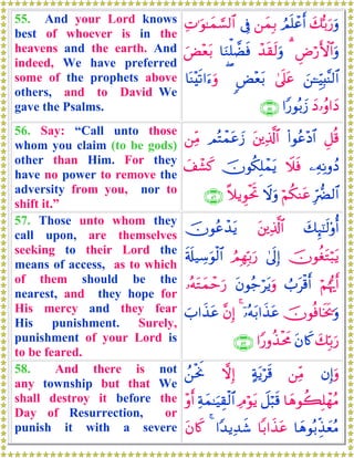 55. And your Lord knows
best of whoever is in the
heavens and the earth. And
indeed, We have preferred
some of the prophets above
others, and to David We
gave the Psalms.
y7š/u‘uρÞΟn=ôãr&⎯yϑÎ/’ÎûÏN≡uθ≈yϑ¡¡9$#
ÇÚö‘F{$#uρ3ô‰s)s9uρ$uΖù=ÒsùuÙ÷èt/
z⎯↵ÍhŠÎ;¨Ψ9$#4’n?tã<Ù÷èt/($oΨ÷s?#u™uρ
yŠ…ãρ#yŠ#Y‘θç/y—∩∈∈∪
56. Say: “Call unto those
whom you claim (to be gods)
other than Him. For they
have no power to remove the
adversity from you, nor to
shift it.”
È≅è%(#θãã÷Š$#t⎦⎪Ï%©!$#ΟçFôϑtãy—⎯ÏiΒ
⎯ÏμÏΡρßŠŸξsùšχθä3Î=ôϑtƒy#ô±x.
Îh‘Ø9$#öΝä3ΨtãŸωuρ¸ξƒÈθøtrB∩∈∉∪
57. Those unto whom they
call upon, are themselves
seeking to their Lord the
means of access, as to which
of them should be the
nearest, and they hope for
His mercy and they fear
His punishment. Surely,
punishment of your Lord is
to be feared.
y7Í×¯≈s9'ρé&t⎦⎪Ï%©!$#šχθããô‰tƒ
šχθäótGö6tƒ4’n<Î)ÞΟÎγÎn/u‘s's#‹Å™uθø9$#
öΝåκš‰r&Ü>tø%r&tβθã_ötƒuρ…çμtGyϑômu‘
šχθèù$sƒs†uρÿ…çμt/#x‹tã4¨βÎ)z>#x‹tã
y7În/u‘tβ%x.#Y‘ρä‹øtxΧ∩∈∠∪
58. And there is not
any township but that We
shall destroy it before the
Day of Resurrection, or
punish it with a severe
βÎ)uρ⎯ÏiΒ>πtƒös%ωÎ)ß⎯øtwΥ
$yδθà6Î=ôγãΒŸ≅ö6s%ÏΘöθtƒÏπyϑ≈uŠÉ)ø9$#÷ρr&
$yδθç/Éj‹yèãΒ$/#x‹tã#Y‰ƒÏ‰x©4tβ%x.
 