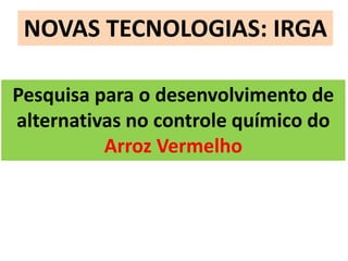 NOVAS TECNOLOGIAS: IRGA 
Pesquisa para o desenvolvimento de 
alternativas no controle químico do 
Arroz Vermelho 
 