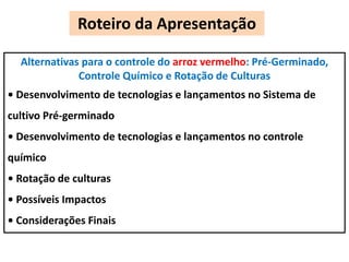 Roteiro da Apresentação 
Alternativas para o controle do arroz vermelho: Pré-Germinado, 
Controle Químico e Rotação de Culturas 
• Desenvolvimento de tecnologias e lançamentos no Sistema de 
cultivo Pré-germinado 
• Desenvolvimento de tecnologias e lançamentos no controle 
químico 
• Rotação de culturas 
• Possíveis Impactos 
• Considerações Finais 
 