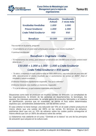 Curso Online de Metodología Lean
Management para la mejora de
organizaciones
Tema 01
www.escuelalean.es Razones que Justifican la adopción de la Metodología Página 4 de 9
Situación
Actual
Vendiendo
3 veces más
Unidades Vendidas 1.000 3.000
Precio Unitario 1.000 1.000
Coste Total Unitario 950 950
Beneficio 50.000 150.000
Tras escribir en la pizarra, preguntó:
- “¿Cuál debería ser el coste total unitario para conseguir ese mismo resultado?”.
Y continuó escribiendo:
Beneficio = Ingresos – Costes
- “Si mantenemos las ventas, para alcanzar un beneficio de 150.000 euros el coste unitario total
debería ser…”
150.000 = 1.000 x 1.000 – 1.000 x Coste Unitario
Coste Total Unitario = 850 euros
- “Es decir, si bajamos el coste unitario total de 950 a 850 euros, una reducción de poco más del
10%, obtendríamos el mismo resultado que si aumentamos las ventas un 300%”. Dejó el
rotulador y volvió a sentarse.
El Director Financiero rápidamente respondió: “Eso ya lo sabemos”.
El Director General, tras meditar un momento, respondió:
- “Y si ya lo sabemos, ¿a qué estamos esperando para hacerlo?”.
Situaciones como ésta se producen en muchos comités de dirección. La complejidad de
las organizaciones, la división de las personas en departamentos, la tecnología, los
equipos, los intereses personales, la variada gama de productos fabricados o el sistema
de planificación, provoca que en ocasiones, se pierda el foco sobre determinados
aspectos que, considerados aisladamente, son de sentido común.
El caso anterior no tiene trampa: una reducción del 10% en el coste unitario produciría el
mismo efecto que una subida del 300% en las ventas. En términos de esfuerzo,
podríamos decir que con un 10% de esfuerzo sobre los costes podría conseguirse el
mismo efecto que con un 300% de esfuerzo sobre las ventas.
Lo trataremos más adelante en el curso: “Céntrate en lo básico” es uno de los principios
de actuación que subyace en la cultura Lean.
 