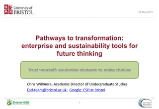 Pathways to transformation:
enterprise and sustainability tools for
future thinking
1
09 May 2014
Chris Willmore, Academic Director of Undergraduate Studies
Esd-team@bristol.ac.uk, Google: ESD at Bristol
 