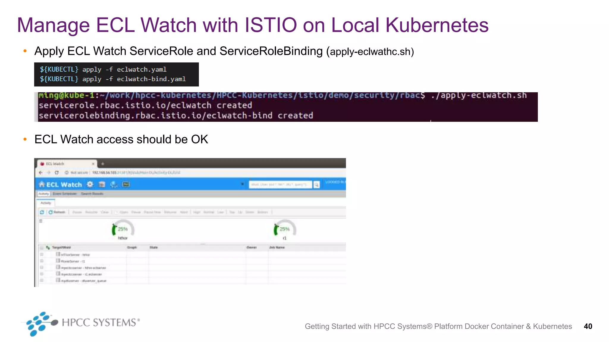 • Apply ECL Watch ServiceRole and ServiceRoleBinding (apply-eclwathc.sh)
• ECL Watch access should be OK
Manage ECL Watch with ISTIO on Local Kubernetes
Getting Started with HPCC Systems® Platform Docker Container & Kubernetes 40
 