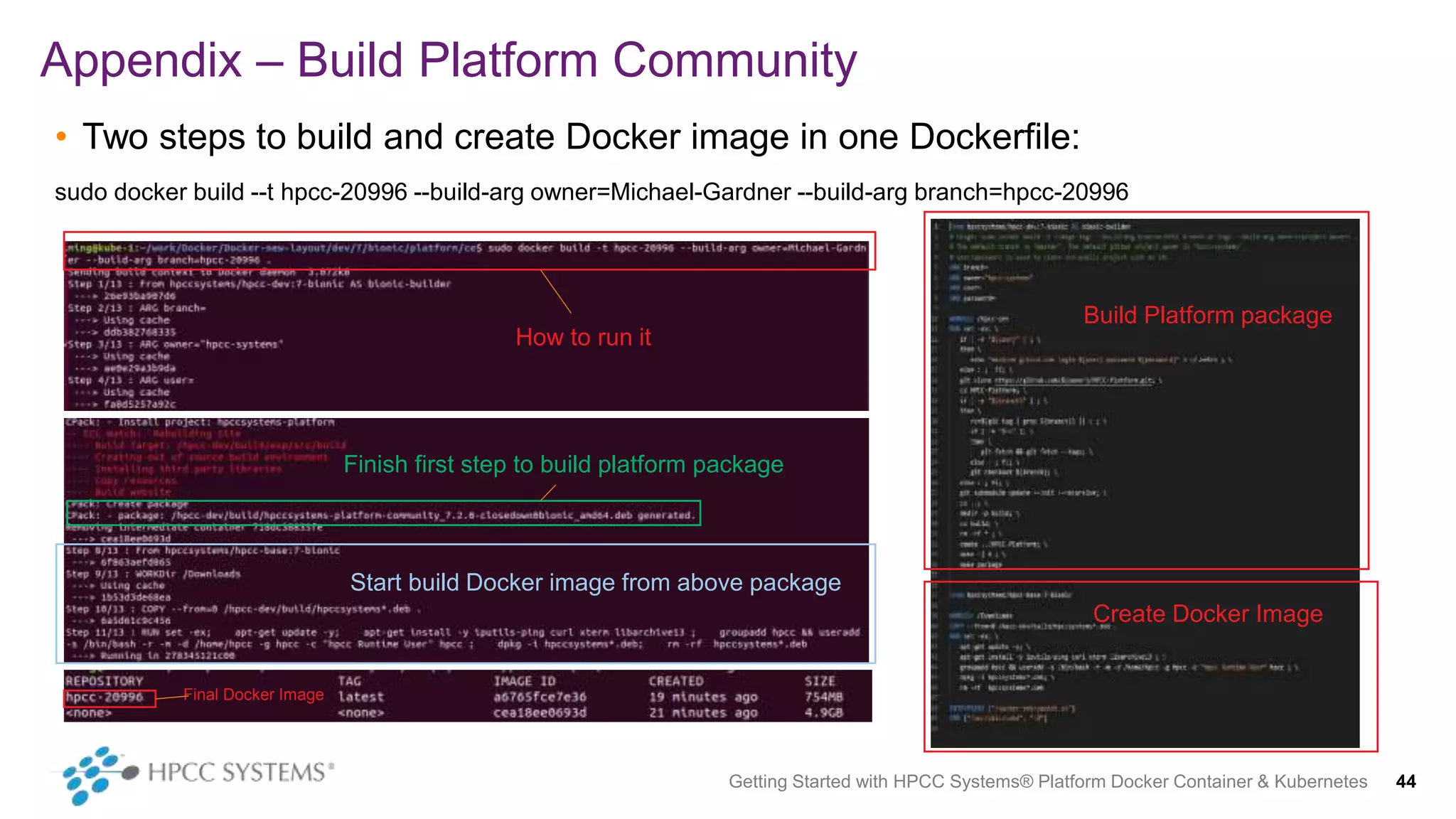 • Two steps to build and create Docker image in one Dockerfile:
sudo docker build --t hpcc-20996 --build-arg owner=Michael-Gardner --build-arg branch=hpcc-20996
Appendix – Build Platform Community
Getting Started with HPCC Systems® Platform Docker Container & Kubernetes 44
How to run it
Finish first step to build platform package
Start build Docker image from above package
Build Platform package
Create Docker Image
Final Docker Image
 