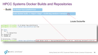 • Build:
HPCC Systems Docker Builds and Repositories
Getting Started with HPCC Systems® Platform Docker Container & Kubernetes 11
sudo docker build –t <repo>:<tag> --build-arg version=<version> .
cd docker-hpcc/platform/ce
Locate Dockerfile
 
