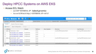 • Access ECL Watch
• Get ESP “EXTERNAL-IP”: kubectl get service
• Access EclWatch http://<EXTERNAL-IP>:8010
Deploy HPCC Systems on AWS EKS
Getting Started with HPCC Systems® Platform Docker Container & Kubernetes 26
 