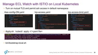 • Turn on mutual TLS and permit ssh access in default namespace
rbac-config-ON.yaml tcp-access.yaml tcp-access-bind.yaml
• Apply.sh: kubectl apply –f <yaml file>
• bin/bootstrap-local.sh
Manage ECL Watch with ISTIO on Local Kubernetes
Getting Started with HPCC Systems® Platform Docker Container & Kubernetes 35
 