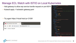 • Add gateway to allow esp service handle request on port 8010
• Kubectl apply –f eclwatch gateway.yaml
• Try again https://<local host ip>:31381
Manage ECL Watch with ISTIO on Local Kubernetes
Getting Started with HPCC Systems® Platform Docker Container & Kubernetes 38
 