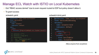 • Got “RBAC access denied” due to even request routed to ESP but policy doesn’t allow it.
• To grant access
eclwatch.yaml eclwatch-bind.yaml
Manage ECL Watch with ISTIO on Local Kubernetes
Getting Started with HPCC Systems® Platform Docker Container & Kubernetes 39
Allow anyone from anywhere
 