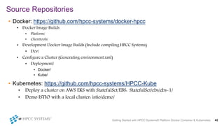 • Docker: https://github.com/hpcc-systems/docker-hpcc
• Docker Image Builds
• Platform/
• Clienttools/
• Development Docker Image Builds (Include compiling HPCC Systems)
• Dev/
• Configure a Cluster (Generating environment.xml)
• Deployment/
• Docker/
• Kube/
• Kubernetes: https://github.com/hpcc-systems/HPCC-Kube
• Deploy a cluster on AWS EKS with StatefulSet/EBS: StatefulSet/ebs/ebs-1/
• Demo ISTIO with a local cluster: istio/demo/
Source Repositories
Getting Started with HPCC Systems® Platform Docker Container & Kubernetes 42
 