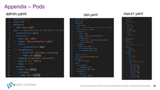 Appendix – Pods
admin.yaml esp-e1.yaml
Getting Started with HPCC Systems® Platform Docker Container & Kubernetes 48
dali.yaml
 