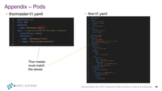 Appendix – Pods
• thormaster-t1.yaml • thor-t1.yaml
Getting Started with HPCC Systems® Platform Docker Container & Kubernetes 49
Thor master
must match
the slaves
 