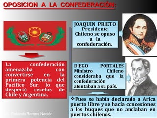 OPOSICION A LA CONFEDERACIÓN:OPOSICION A LA CONFEDERACIÓN:
La confederación
amenazaba con
convertirse en la
primera potencia del
Pacifico Sur, lo que
despertó recelos de
Chile y Argentina.
JOAQUIN PRIETO
Presidente
Chileno se opuso
a la
confederación.
JOAQUIN PRIETO
Presidente
Chileno se opuso
a la
confederación.
DIEGO PORTALES
Ministro Chileno
consideraba que la
confederación
atentaban a su país.
DIEGO PORTALES
Ministro Chileno
consideraba que la
confederación
atentaban a su país.
Pues se había declarado a Arica
puerto libre y se hacía concesiones
a los buques que no anclaban en
puertos chilenos.
Pues se había declarado a Arica
puerto libre y se hacía concesiones
a los buques que no anclaban en
puertos chilenos.Lic. Rolando Ramos Nación
 