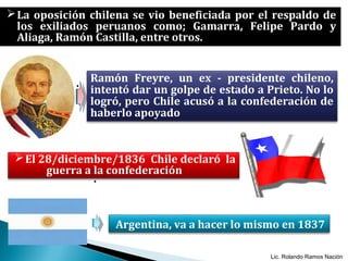 La oposición chilena se vio beneficiada por el respaldo de
los exiliados peruanos como; Gamarra, Felipe Pardo y
Aliaga, Ramón Castilla, entre otros.
Ramón Freyre, un ex - presidente chileno,
intentó dar un golpe de estado a Prieto. No lo
logró, pero Chile acusó a la confederación de
haberlo apoyado
El 28/diciembre/1836 Chile declaró la
guerra a la confederación
Argentina, va a hacer lo mismo en 1837
Lic. Rolando Ramos Nación
 