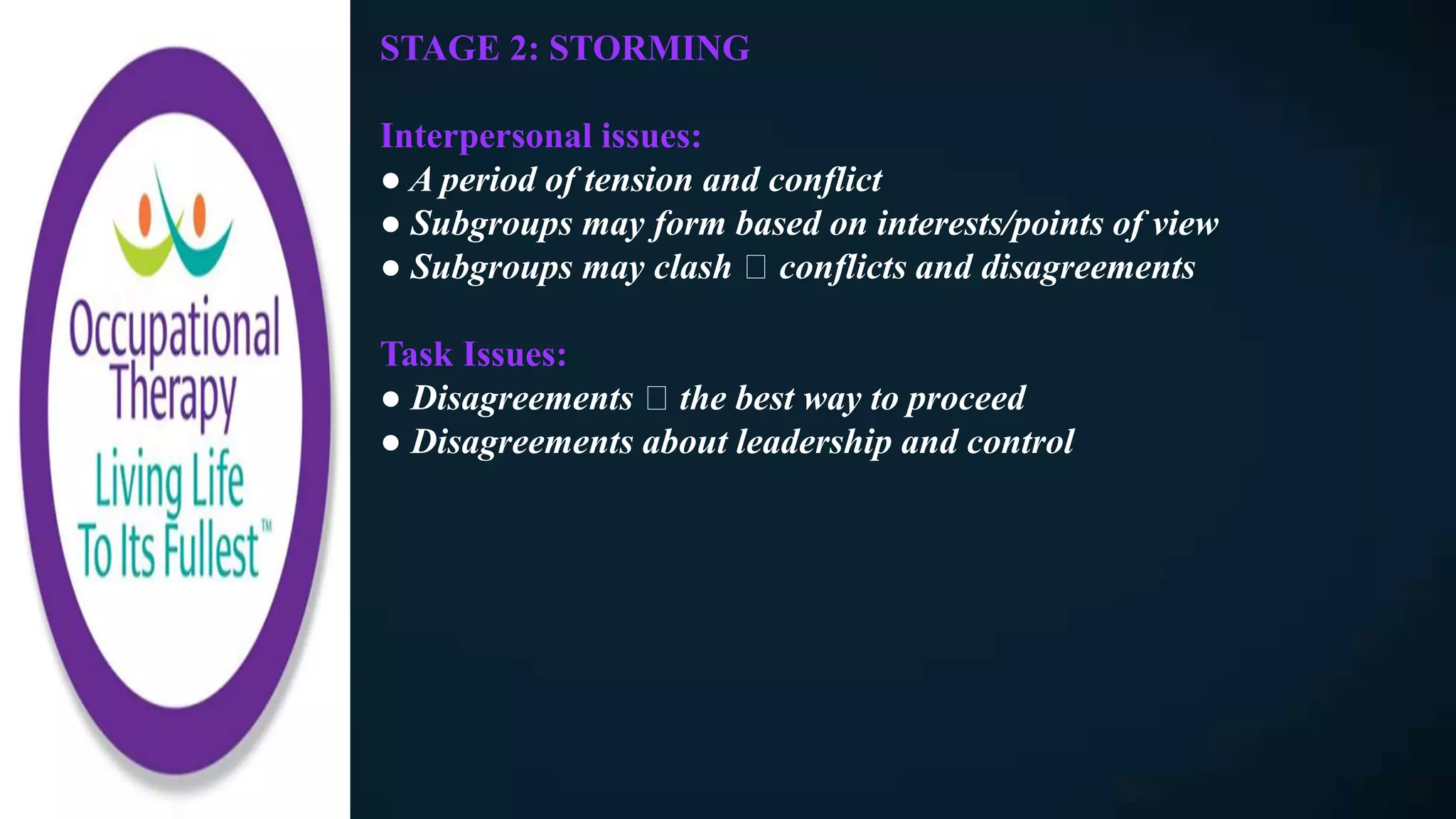 STAGE 2: STORMING
Interpersonal issues:
● A period of tension and conflict
● Subgroups may form based on interests/points of view
● Subgroups may clash conflicts and disagreements
Task Issues:
● Disagreements the best way to proceed
● Disagreements about leadership and control
 