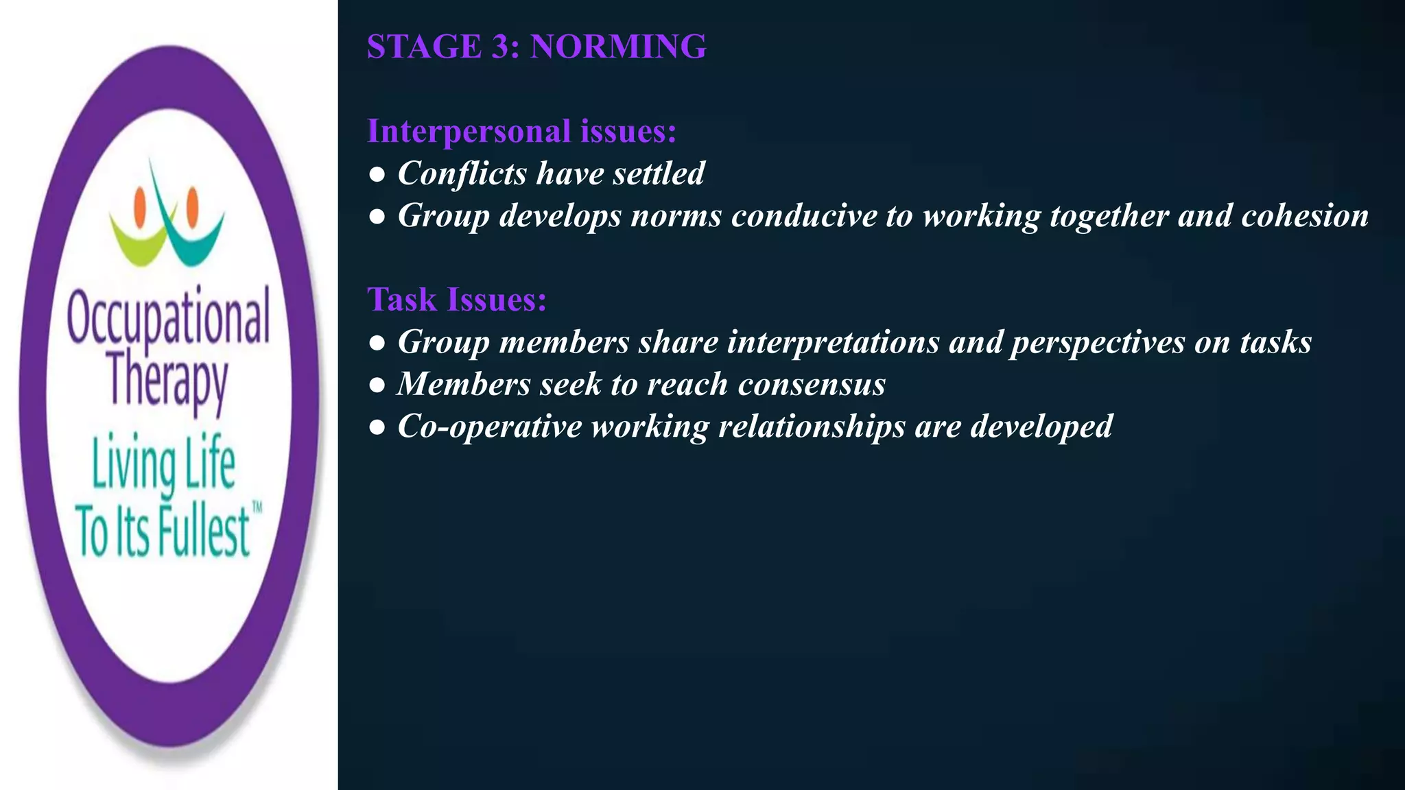 STAGE 3: NORMING
Interpersonal issues:
● Conflicts have settled
● Group develops norms conducive to working together and cohesion
Task Issues:
● Group members share interpretations and perspectives on tasks
● Members seek to reach consensus
● Co-operative working relationships are developed
 