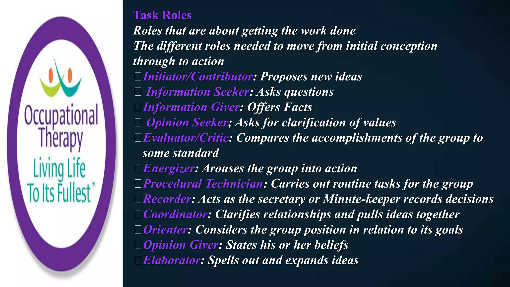 Task Roles
Roles that are about getting the work done
The different roles needed to move from initial conception
through to action
Initiator/Contributor: Proposes new ideas
Information Seeker: Asks questions
Information Giver: Offers Facts
Opinion Seeker; Asks for clarification of values
Evaluator/Critic: Compares the accomplishments of the group to
some standard
Energizer: Arouses the group into action
Procedural Technician: Carries out routine tasks for the group
Recorder: Acts as the secretary or Minute-keeper records decisions
Coordinator: Clarifies relationships and pulls ideas together
Orienter: Considers the group position in relation to its goals
Opinion Giver: States his or her beliefs
Elaborator: Spells out and expands ideas
 